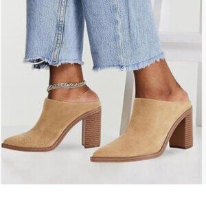 FOWT Camel Pointed Toe Slip On Mules Stacked Block High Heel Sandal